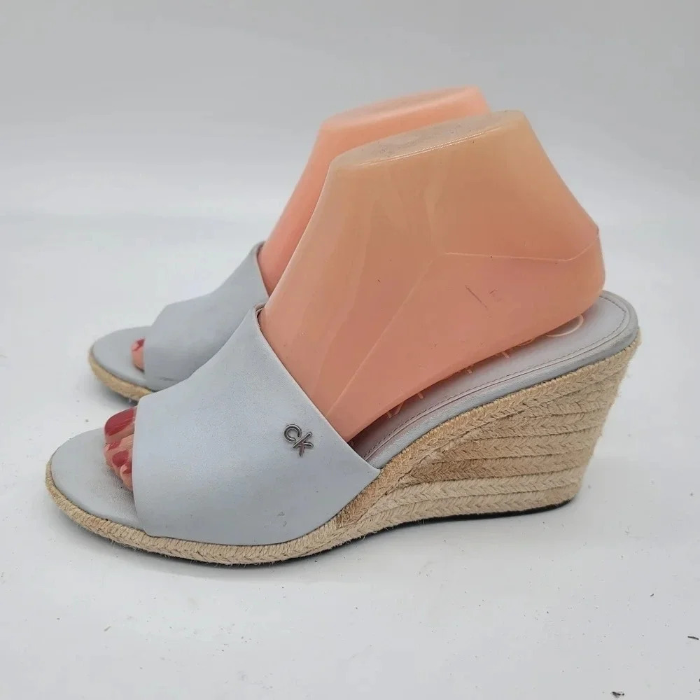 Calvin Klein Bandera Open Toe Jute Wedge Heel Sandals Blue Genuine Leather Sz 8